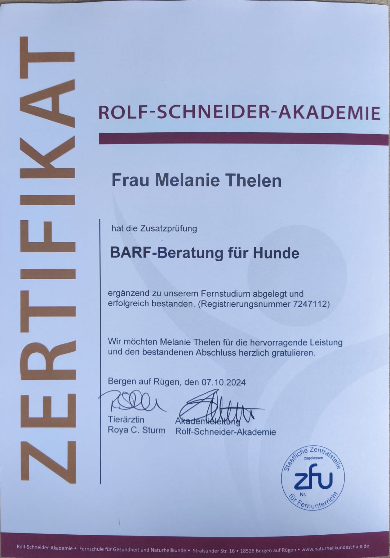 Zertifikat Zusatzprüfung BARF-Beratung für Hunde von Melanie Thelen