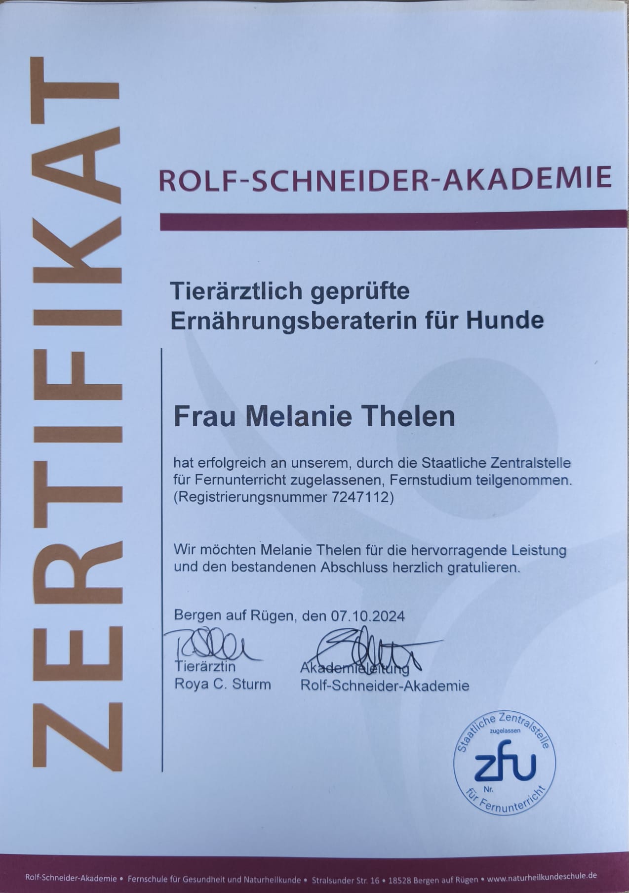 Zertifikat tierärztlich geprüfte Ernährungsberaterin für Hunde von Melanie Thelen